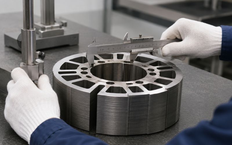 Rotor lamination stack with magnet pockets checked using a functional gauge