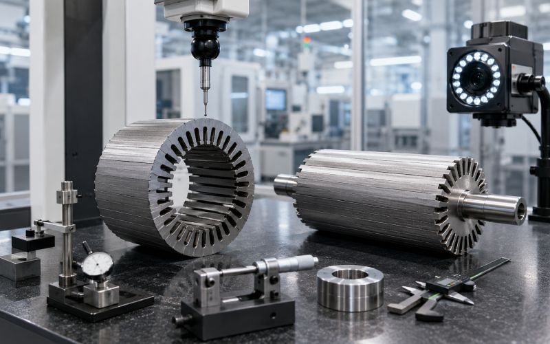 Stator and rotor lamination stacks being inspected with CMM