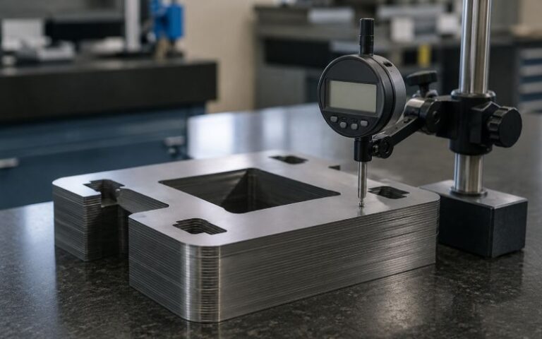 Technician inspection setup measuring lamination stack flatness on a precision table