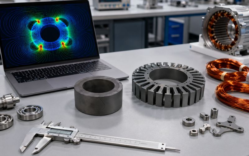 laminated motor stator stack and compact powder metallurgy magnetic core