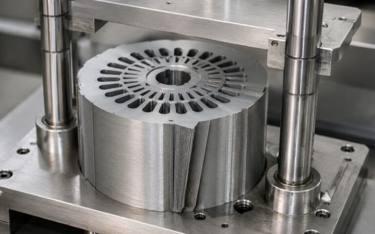 lamination stack in alignment fixture showing slight edge fanning