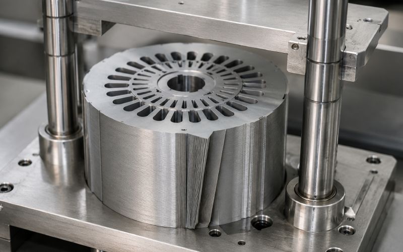 lamination stack in alignment fixture showing slight edge fanning