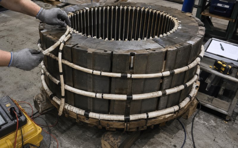 Core loop test setup with cables around a laminated stator core