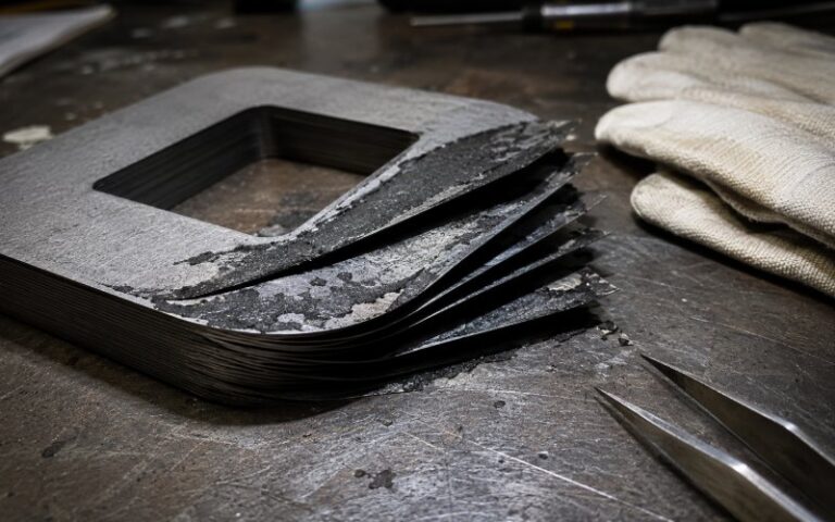 Failed Backlack lamination sample showing partial edge delamination after peel testing