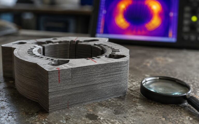 Laminated electrical steel stack inspected for possible interlaminar shorts