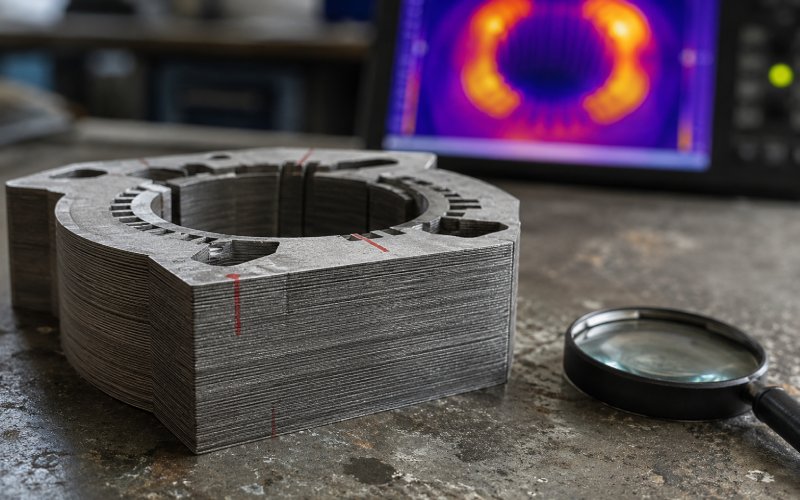 Laminated electrical steel stack inspected for possible interlaminar shorts