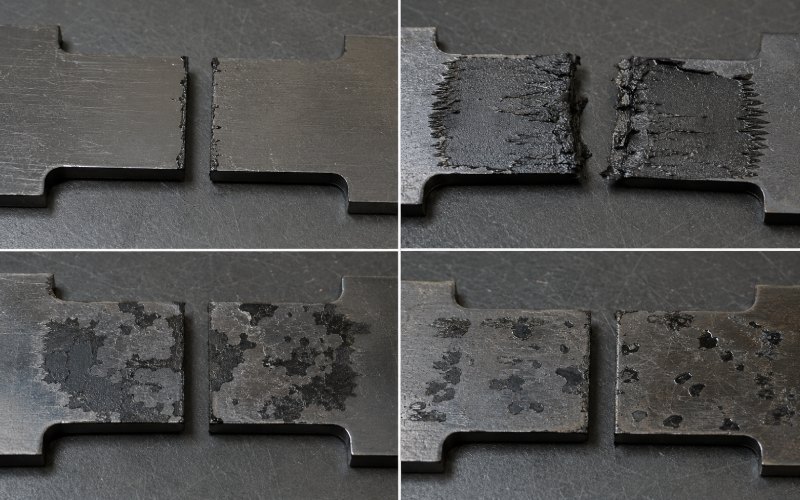Macro collage of different failure modes on bonded electrical steel lamination samples
