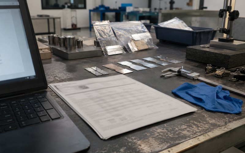 Quality control desk with test report, calipers, clamps, and bonded metal samples