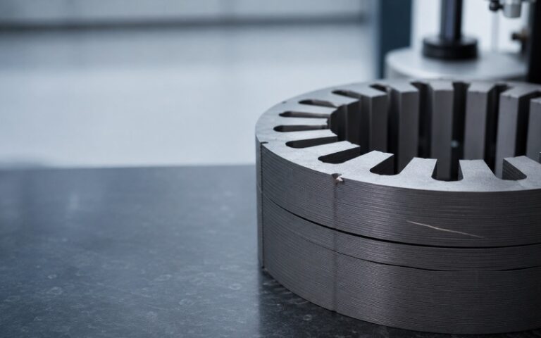 Motor lamination stack showing burr, warpage, and scratch defects