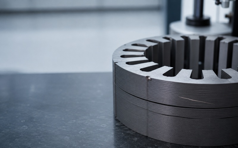 Motor lamination stack showing burr, warpage, and scratch defects