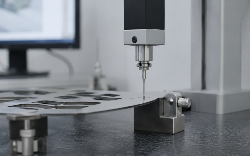 Profilometer measuring burr height on a punched steel lamination