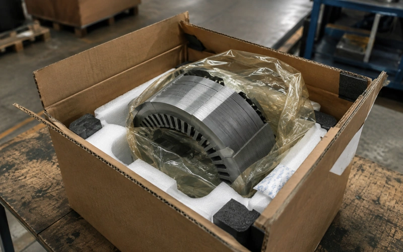 Motor lamination stack secured inside protective shipping packaging