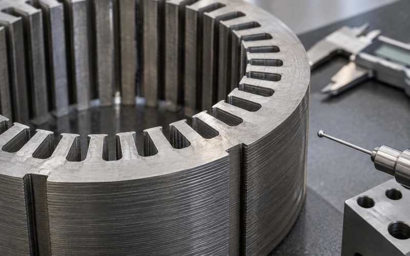 Close-up view of laminated electrical steel core inspection