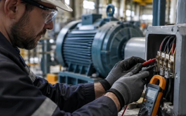 Engineer inspecting electrical equipment with diagnostic tools